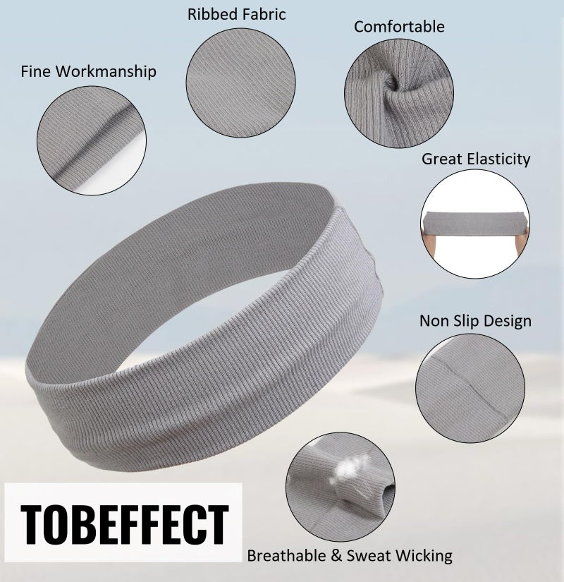 Tobeffect Headbands for Women Non Slip - Fashion Yoga Sports Hair Bands for Women's Hair, Soft Elastic Cotton Cloth Sweat Headbands for Women for Workout Running Daily Black Gray 6PCS - Image 3